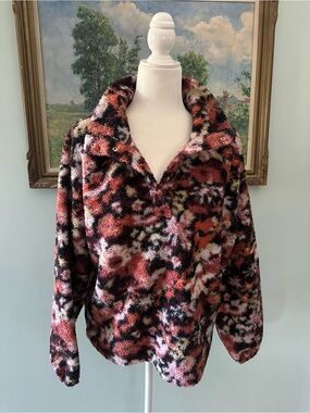 LOFT Multicolor Plush Teddy Jacket in Pink, Black & Cream